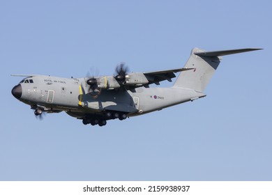 Graz, Austria - 14.05.2022: A Royal Air Force Airbus A400M Military Cargo Aircraft Landing In Graz In Austria In Front Of Blue Skies