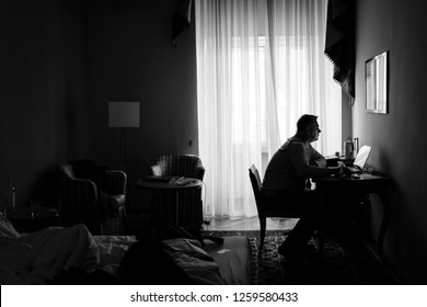 Graz/Austria - December 1, 2018: sitting at a desk in a hotel room in Europe