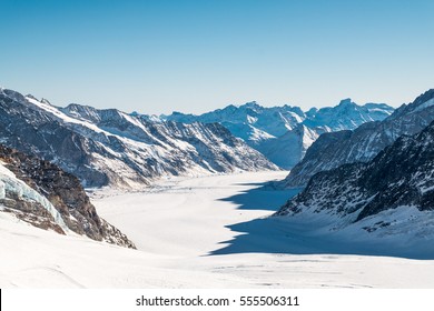 Great Aletsch Glacier, Swiss Alps At Switzerland. Part Of The Jungfrau-Aletsch Protected Area. A UNESCO World Heritage Site.