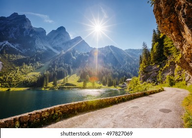 Great azure alpine lake Vorderer Gosausee. Picturesque and gorgeous morning scene. Salzkammergut is a famous resort area located in the Gosau Valley in Upper Austria. Dachstein glacier. Beauty world.