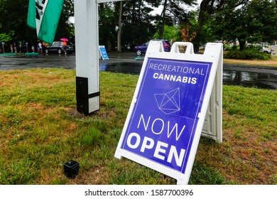 Great Barrington, Massachusetts, July 20, 2019 A legal recreational cannabis store and sign on the road.