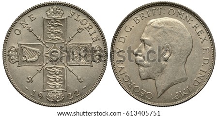 Great Britain British silver coin 1 one florin 1922, four crowned shield with lions and harp in cross-like pattern, crossed scepters, date below, head of King George V left, 