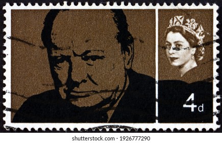 GREAT BRITAIN - CIRCA 1965: A Stamp Printed In Great Britain Shows Sir Winston Spencer Churchill (1874-1965), Statesman And WWII Leader, Circa 1965