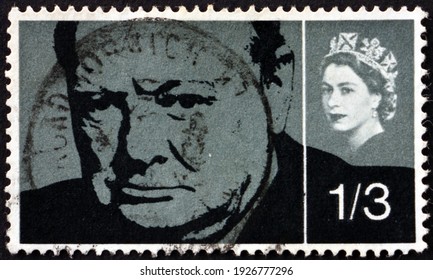 GREAT BRITAIN - CIRCA 1965: A Stamp Printed In Great Britain Shows Sir Winston Spencer Churchill (1874-1965), Statesman And WWII Leader, Circa 1965