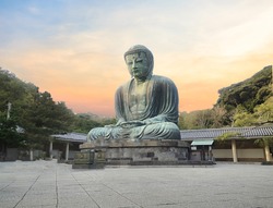 Great Buddha Of Kamakura Or Kamakura Daibutsu Is A Large Bronze Statue Of Amida Buddha Sits On White Background