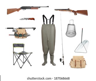 Great Collection Of A Fishing And Hunting Equipment Isolated On A White Background.