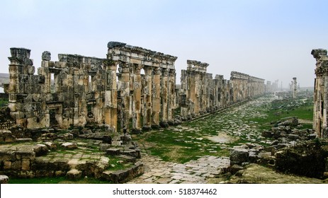 Great Colonnade At Apamea In Fog, Partially Destroyed By ISIS, Syria