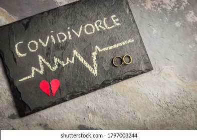 Great concept of divorce in quarantine due to the 2019 coronavirus pandemic. Plaque written "COVIDIVORCE" in reference to divorces caused by human relationships during quarantine.