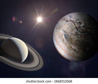Great Conjunction: Jupiter and Saturn Meet on Solstice. Rare Jupiter-Saturn Conjunction. Elements of this image furnished by NASA. 