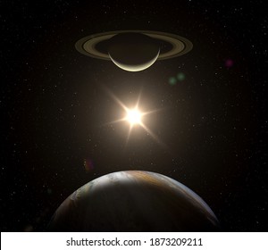 Great Conjunction: Jupiter and Saturn meet on solstice. Conjunction of Jupiter and Jaturn. Planet of solar system. Gas giants planets. Elements of this image furnished by NASA. 