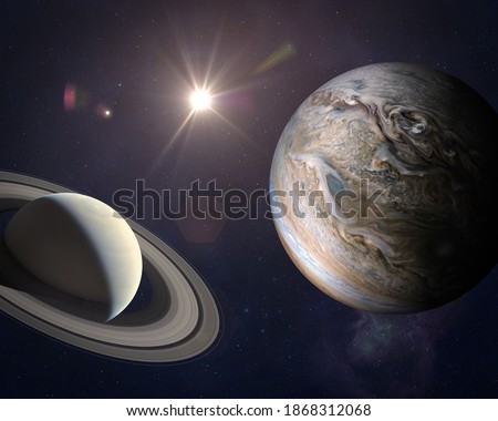 Great Conjunction: Jupiter and Saturn Meet on Solstice. Rare Jupiter-Saturn Conjunction. Elements of this image furnished by NASA.  Stockfoto © 
