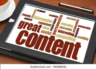 Great Content Writing Word Cloud On A Digital Tablet With A Cup Of Tea- Bloging, Business Writing And Content Marketing Concept