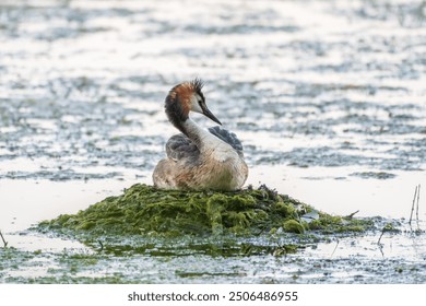 Great Crested Grebe, Podiceps cristatus, water bird sitting on the nest, nesting time on the green lake, bird in the nature habitat. Elegant waterbird in the family Podicipedidae nesting on lake.