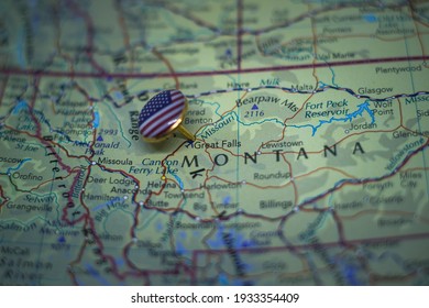 Great Falls, Montana pinned on a map with USA flag