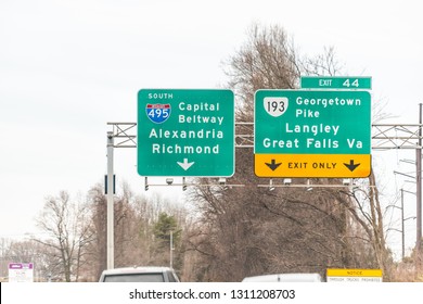 Great Falls, USA - April 1, 2018: Highway By Washington DC In Maryland On Capital Beltway Loop Sign For Exit To Langley Alexandria And Richmond Georgetown Pike