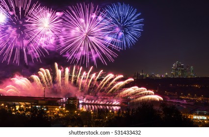 Great Fireworks On The Background Of The City. End Of The Year In Metropolice. New Year Celebrating. Pyrotechnic Show, Aerial View.