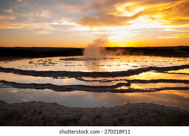 Great Fountain Geyser At Yellowstone National Park Before An Eruption At Sunse