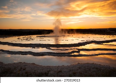 Great Fountain Geyser At Yellowstone National Park Before An Eruption At Sunse