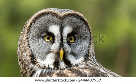 Great grey gray owl - Strix nebulosa - aka Phantom of the North, cinereous, spectral, Lapland, spruce, bearded, and sooty owl worlds largest species of owl by length. Face close up with yellow eyes 