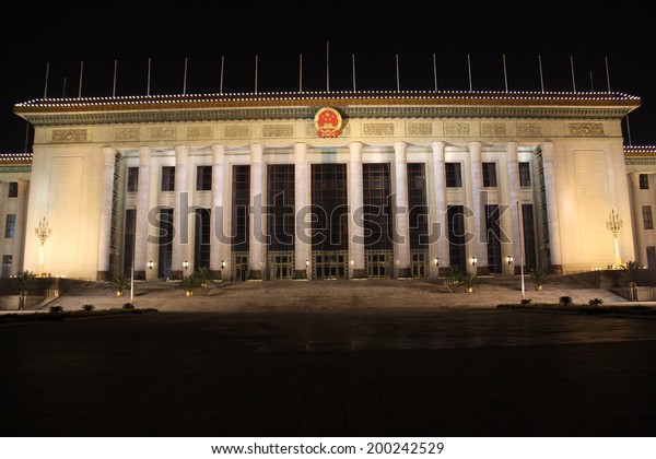 Great Hall of the People at night\
in Beijing, China. It is used for legislative and ceremonial\
activities. It functions as the China\'s parliament building.\
