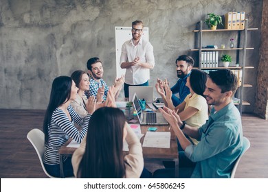 Great Job! Successful Business Team Is Clapping Their Hands In Modern Workstation, Celebrating The Performance Of New Product