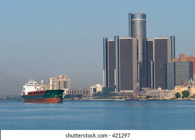 Great Lakes Freighter And Detroit Renaissance Center