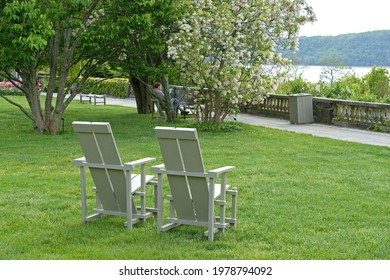 Great Lawn With Chairs And Magnificent Views Of Hudson River.  Wave Hill In Hudson Hill Of Riverdale In Bronx, New York City