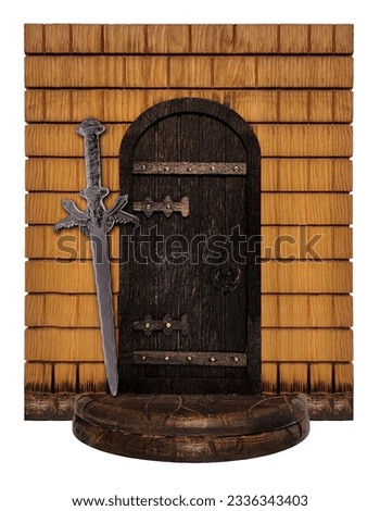 A Great Metal Sword Used for Defense Against an Enemy leaning on a castle door