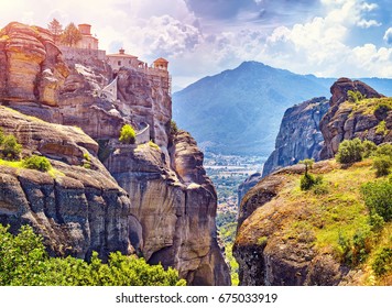 The Great Monastery of Varlaam on the high rock in Meteora, Thessaly, Greece - Shutterstock ID 675033919