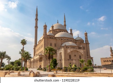 The Great Mosque of Muhammad Ali Pasha or Alabaster Mosque Situated on the summit of the citadel, this Ottoman mosque, with its animated silhouette and twin minarets, the most visible mosque in Cairo. - Shutterstock ID 1190228119