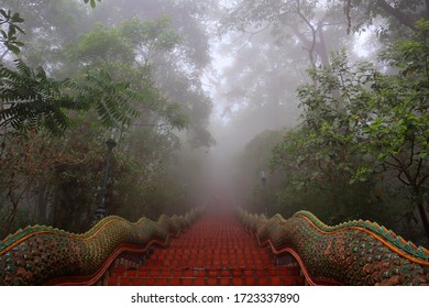 Great naga ladder. At Wat Phra That Doi Suthep. temple in Chiang Mai, Thailand. foggy rainy day. Age more than four hundred years old, there are 173 steps.