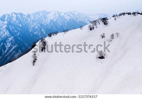 Great nature view of snow\
mountain of Japan Alps on Tateyama Kurobe Alpine Route. Toyama -\
Japan