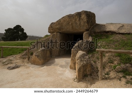 The great Neolithic Dolmen of Menga, a colossal megalithic building located in Antequera, Málaga, Spain.