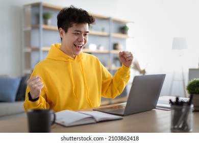 Great News Concept. Portrait of joyful excited Asian guy using pc sitting at desk looking at laptop screen, raising hands with excitement, ecstatic enthusiastic man shaking fists celebrating success
