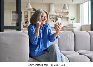 Great news. Happy surprised mature 60s aged woman super excited reacting to cell phone sms winning grandiose surprise. Feeling great happiness of receiving gift on sofa at home.