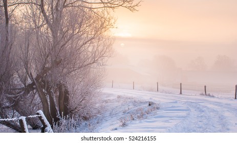 Great Nice Cozy Winter Landscape In The Netherlands Along Old Seawall Snow, Ice And Fog