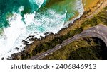 The Great Ocean Road. Where the ocean meets the land. Drone shot of the above stright down. 