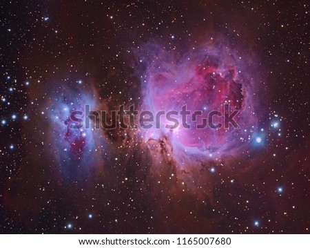 Great Orion Nebula M42 with Galaxy,Open Cluster,Globular Cluster, stars and space dust in the universe and Milky way taken by dedicated astrophotography camera on telescope.
