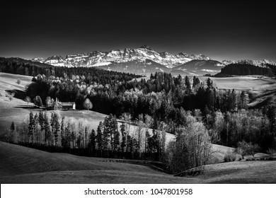 A great panorama in the Swiss alps with a beautiful view to the Säntis in Black & White