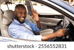 Great Perfect Car. Happy African American Male Showing Okay Sign Gesture, Sitting In New Automobile Buying Modern Vehicle In Dealership Store, Enjoying Vacation, Looking At Camera Through Open Window