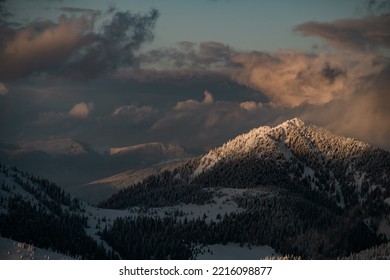 Great Picturesque Landscape Scene View Of Sky And Grey Clouds And Winter Mountain Landscape With Snow Covered Evergreen Trees