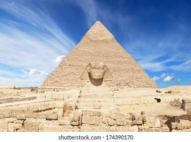 Great Pyramid Of Pharaoh Khufu, Located At Giza And The Sphinx. Egypt 