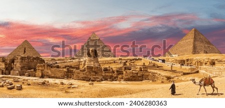 Great Pyramids of Giza and the Sphinx, bedouin with a camel, beautiful panorama of Cairo region, Egypt