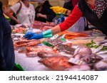 Great quantity of fresh seafood on fish market in Barcelona, Spain