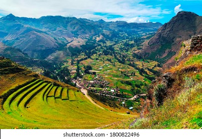 Great Sacred Valley of Inca in Peru. Ancient green agricultural terraces Andenes. Magnificent Andes mountains landscape. Peruvian countryside scene. View on Urubamba valley. Valle Sagrado de los Incas