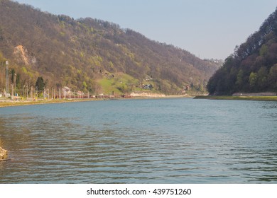 Great Sava river flows between hills not far from Krsko city, Slovenia.