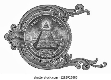 The Great Seal Of The United States. Featuring The All-seeing Eye Of Providence (a.k.a. All-seeing Eye Of Ra, An Ancient Egyptian Symbol For Divinity), Portrait From United States Of America Banknotes