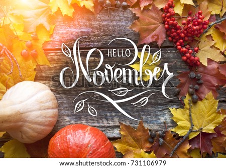 Great season texture with fall mood. Nature november background with hand lettering 'Hello November'. Foto stock © 