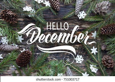 Great season texture with winter mood. Spruce branches, cones and snowflakes on old wooden rustic background. Nature december background with hand lettering "Hello December".