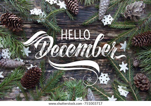 Great season texture with winter mood. Spruce branches, cones and snowflakes on old wooden rustic background. Nature december background with hand lettering "Hello December".